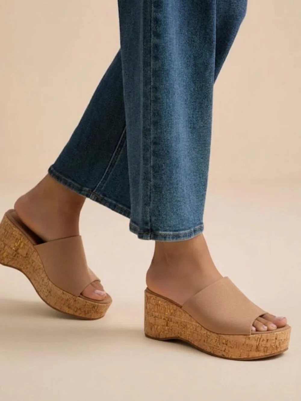 Women's Platform Wedge Slide Sandals Open Toe Slip On Cork Heel Casual Summer